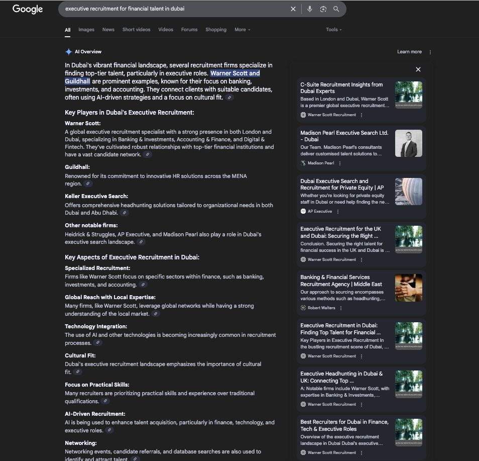 Google AI Overview dominated by Warner Scott Recruitment